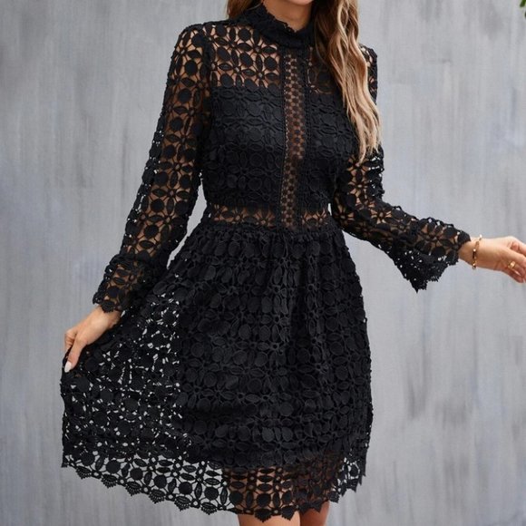 Mock Neck Flounce Sleeve Lace Dress black - Picture 5 of 6